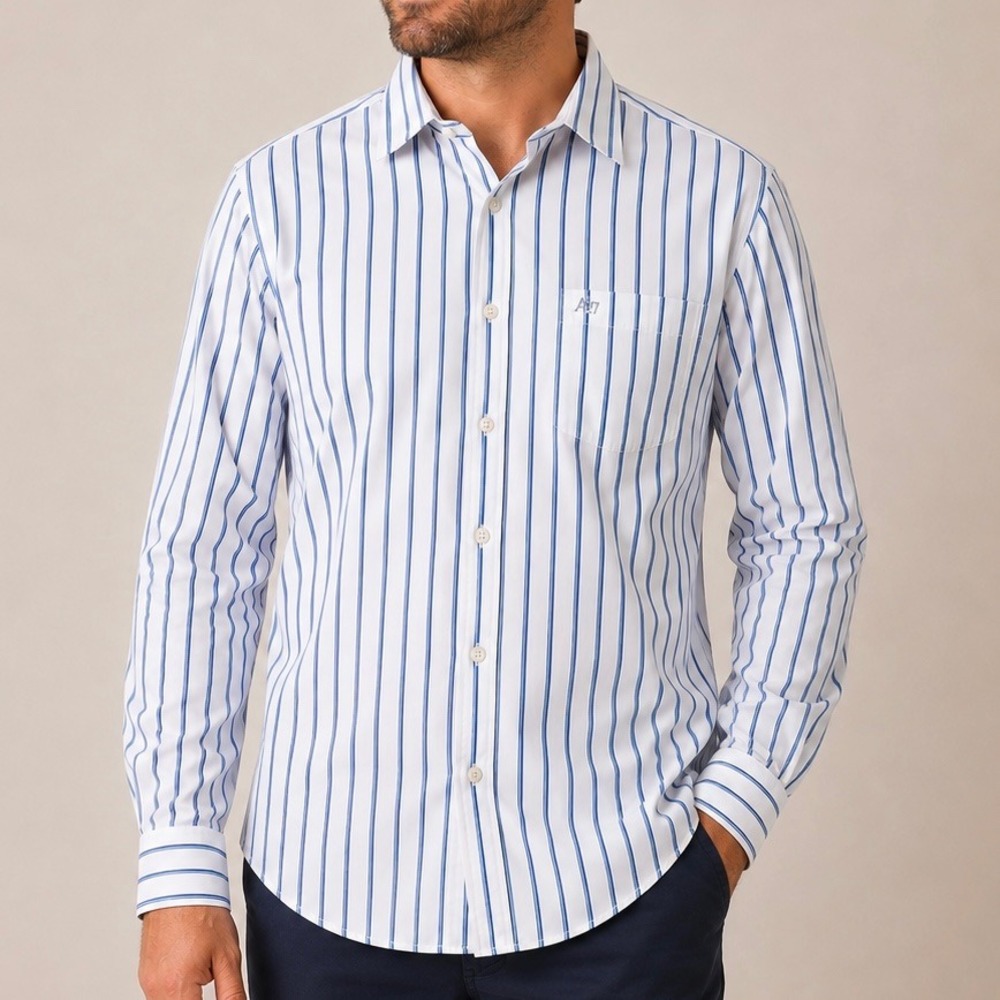 Aeropostale Men's XXL White Blue Stripe Button Down Shirt Long Sleeve 1987 Logo